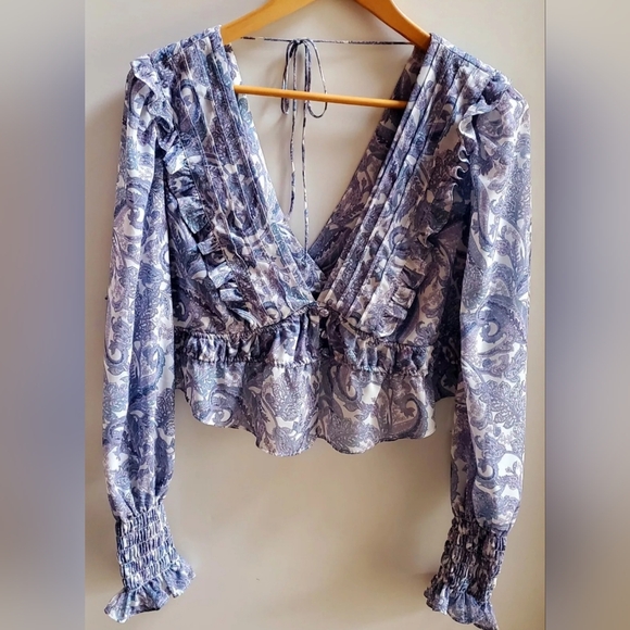 For Love & Lemons Blouse Crop Top Janelle Boho Ruffle V-Neck CT-1770 Blu/Wht/Prp - Picture 7 of 12
